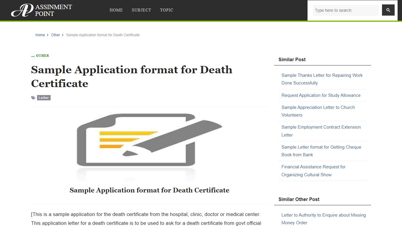 Sample Application format for Death Certificate